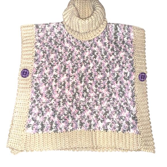 Hand Knit Multicolor Turtleneck Open Sides Poncho Vest Imagine Buttons S/M - Picture 1 of 9